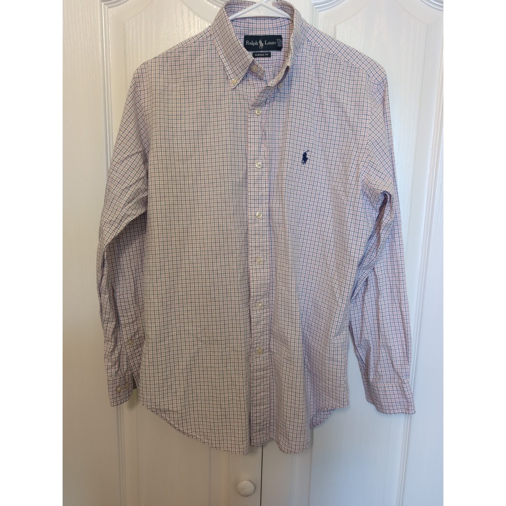Ralph Lauren Pink Checkered Button Front Long Sleeve Shirt Mens Sz 15 32/33